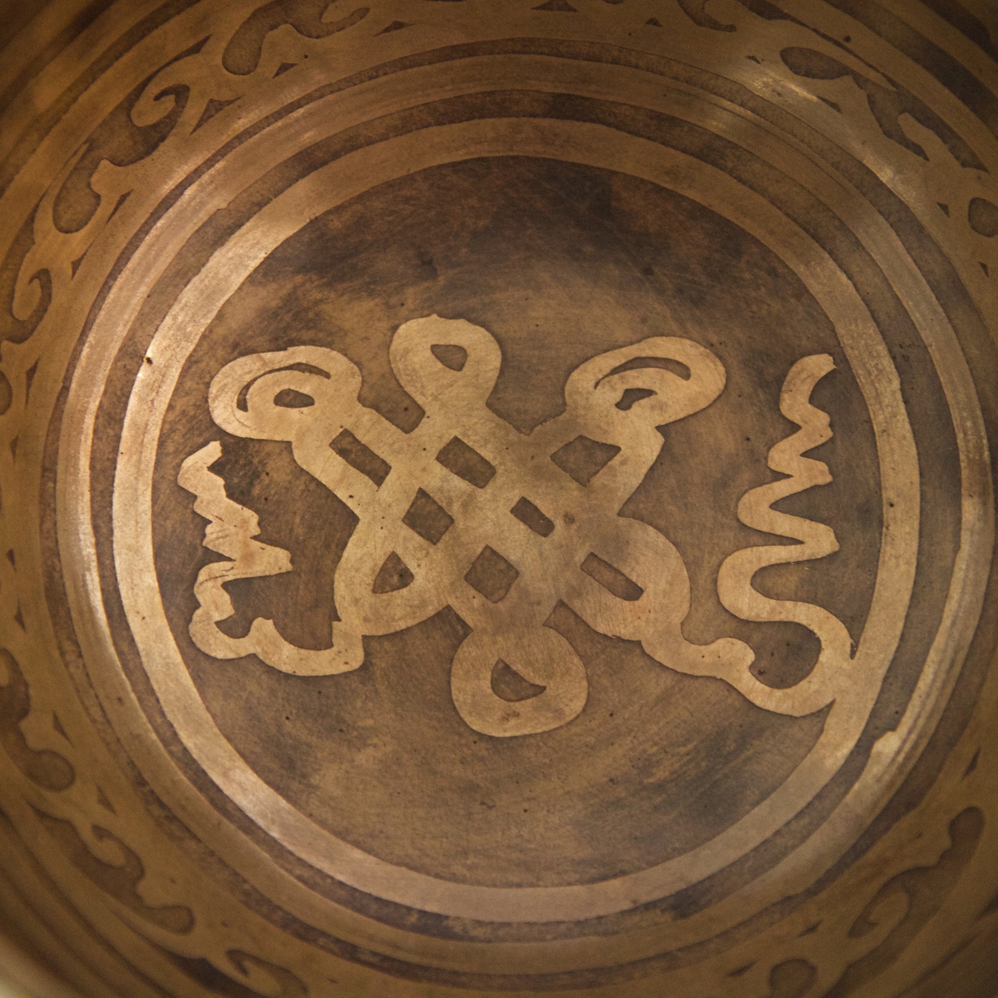 Hand Hammered Singing Bowl with 8 Auspicious Symbols in Calligraphy Style